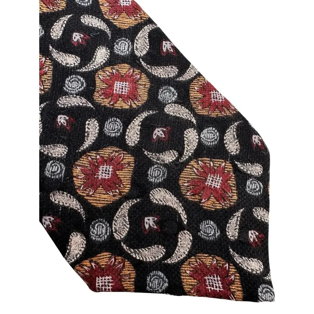 Vintage Black Floral Print Hunting Horn Silk Necktie